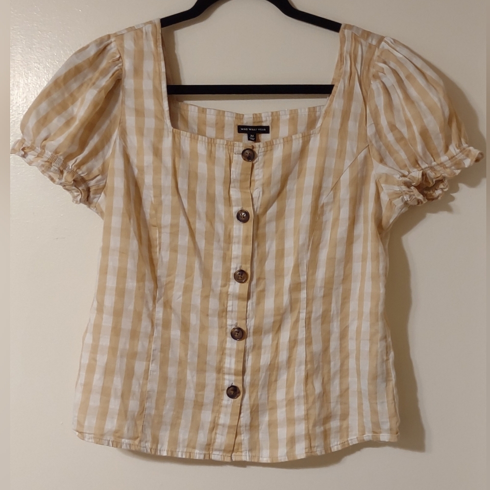 Who What Wear Beige and White Checkered Puff Sleeve Button-Front Cotton M Top